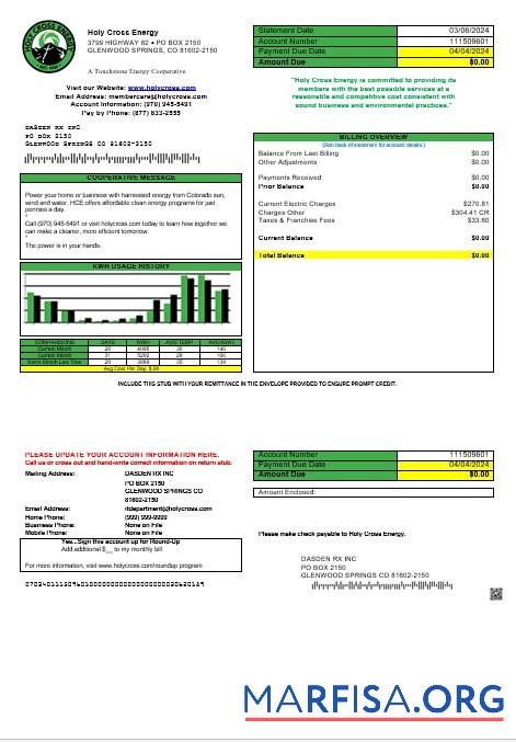 Blank USA Colorado Holy Cross Energy business utility bill template in Word and PDF formats